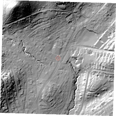 Shaded relief map of the ground around IG101HA, computed from Environment Agency LiDAR. The ground here sits at about 33 m above sea level and falls 43 m across the surrounding 800 m. Surface water reaching this point runs off ground lying to the north-west, 36.8 m higher.