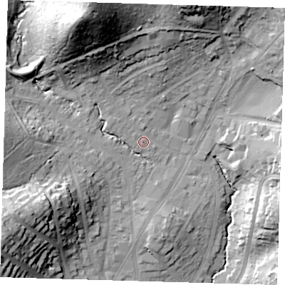 Shaded relief map of the ground around IG101HB, computed from Environment Agency LiDAR. The ground here sits at about 35 m above sea level and falls 43 m across the surrounding 800 m. Surface water reaching this point runs off ground lying to the north-north-west, 35.2 m higher.