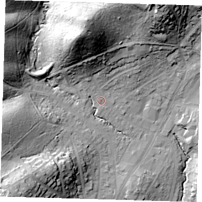 Shaded relief map of the ground around IG101HG, computed from Environment Agency LiDAR. The ground here sits at about 37 m above sea level and falls 42 m across the surrounding 800 m. Surface water reaching this point runs off ground lying to the north-north-east, 33.8 m higher.