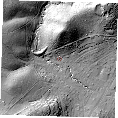 Shaded relief map of the ground around IG101HN, computed from Environment Agency LiDAR. The ground here sits at about 39 m above sea level and falls 42 m across the surrounding 800 m. Surface water reaching this point runs off ground lying to the north, 31.4 m higher.