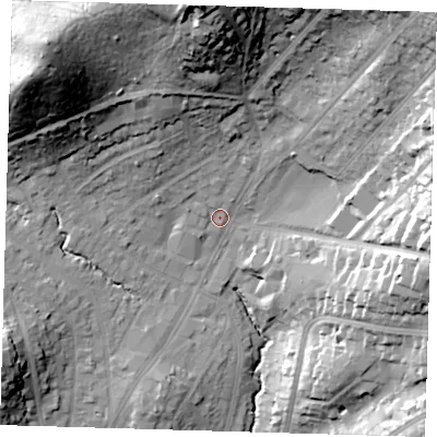 Shaded relief map of the ground around IG101RB, computed from Environment Agency LiDAR. The ground here sits at about 34 m above sea level and falls 43 m across the surrounding 800 m. Surface water reaching this point runs off ground lying to the north, 37.0 m higher.