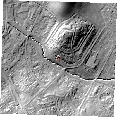 Shaded relief map of the ground around IG102DX, computed from Environment Agency LiDAR. The ground here sits at about 36 m above sea level and falls 27 m across the surrounding 800 m. Surface water reaching this point runs off ground lying to the north, 10.3 m higher.