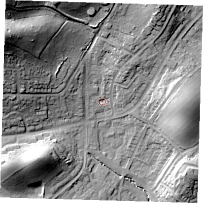Shaded relief map of the ground around IG102FF, computed from Environment Agency LiDAR. The ground here sits at about 40 m above sea level and falls 46 m across the surrounding 800 m. Surface water reaching this point runs off ground lying to the north-west, 39.1 m higher.