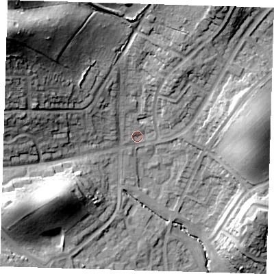 Shaded relief map of the ground around IG102JU, computed from Environment Agency LiDAR. The ground here sits at about 40 m above sea level and falls 46 m across the surrounding 800 m. Surface water reaching this point runs off ground lying to the north-west, 33.0 m higher.