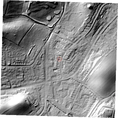 Shaded relief map of the ground around IG102JX, computed from Environment Agency LiDAR. The ground here sits at about 44 m above sea level and falls 49 m across the surrounding 800 m. Surface water reaching this point runs off ground lying to the north-north-east, 7.8 m higher.