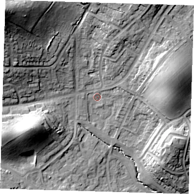 Shaded relief map of the ground around IG102LZ, computed from Environment Agency LiDAR. The ground here sits at about 39 m above sea level and falls 44 m across the surrounding 800 m. Surface water reaching this point runs off ground lying to the north-north-east, 13.7 m higher.