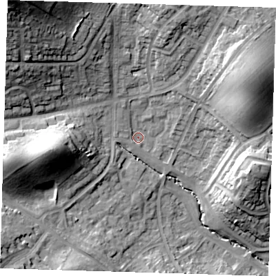 Shaded relief map of the ground around IG102NA, computed from Environment Agency LiDAR. The ground here sits at about 37 m above sea level and falls 41 m across the surrounding 800 m. Surface water reaching this point runs off ground lying to the north-west, 33.9 m higher.