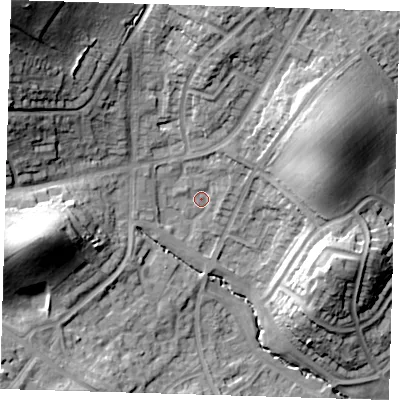 Shaded relief map of the ground around IG102NB, computed from Environment Agency LiDAR. The ground here sits at about 38 m above sea level and falls 39 m across the surrounding 800 m. Surface water reaching this point runs off ground lying to the north-east, 4.6 m higher.