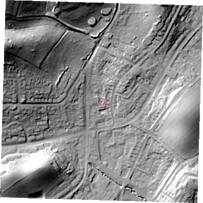 Shaded relief map of the ground around IG102NP, computed from Environment Agency LiDAR. The ground here sits at about 42 m above sea level and falls 49 m across the surrounding 800 m. Surface water reaching this point runs off ground lying to the north-west, 40.7 m higher.
