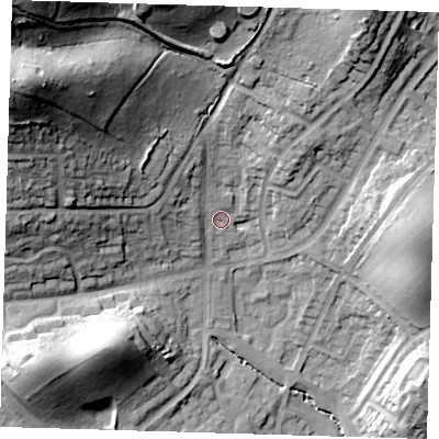 Shaded relief map of the ground around IG102NW, computed from Environment Agency LiDAR. The ground here sits at about 42 m above sea level and falls 49 m across the surrounding 800 m. Surface water reaching this point runs off ground lying to the north-west, 10.1 m higher.
