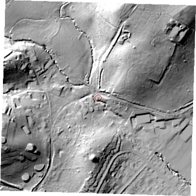 Shaded relief map of the ground around IG102PD, computed from Environment Agency LiDAR. The ground here sits at about 49 m above sea level and falls 43 m across the surrounding 800 m. Surface water reaching this point runs off ground lying to the north-north-east, 34.0 m higher.