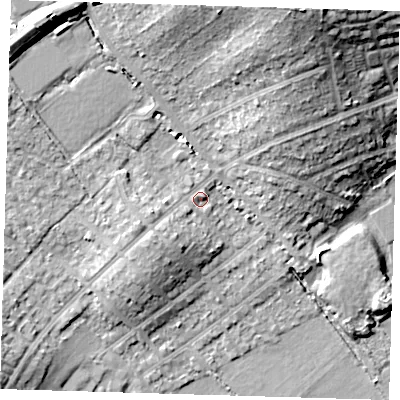 Shaded relief map of the ground around IG103AA, computed from Environment Agency LiDAR. The ground here sits at about 21 m above sea level and falls 22 m across the surrounding 800 m. Surface water reaching this point runs off ground lying to the north-north-east, 18.3 m higher.