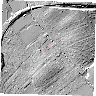Shaded relief map of the ground around IG103AB, computed from Environment Agency LiDAR. The ground here sits at about 22 m above sea level and falls 25 m across the surrounding 800 m. Surface water reaching this point runs off ground lying to the north-east, 21.4 m higher.