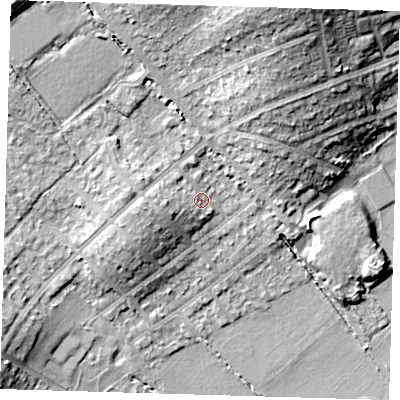 Shaded relief map of the ground around IG103AD, computed from Environment Agency LiDAR. The ground here sits at about 21 m above sea level and falls 19 m across the surrounding 800 m. Surface water reaching this point runs off ground lying to the west, 4.4 m higher.