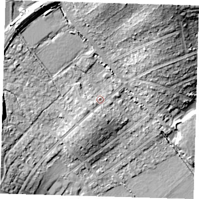 Shaded relief map of the ground around IG103AE, computed from Environment Agency LiDAR. The ground here sits at about 23 m above sea level and falls 22 m across the surrounding 800 m. Surface water reaching this point runs off ground lying to the west-south-west, 3.5 m higher.