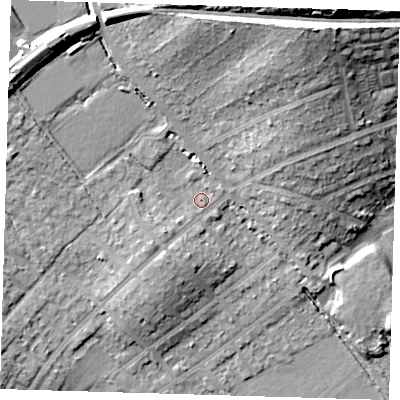 Shaded relief map of the ground around IG103BF, computed from Environment Agency LiDAR. The ground here sits at about 22 m above sea level and falls 23 m across the surrounding 800 m. Surface water reaching this point runs off ground lying to the north-east, 18.6 m higher.