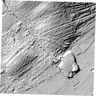 Shaded relief map of the ground around IG103BS, computed from Environment Agency LiDAR. The ground here sits at about 22 m above sea level and falls 21 m across the surrounding 800 m. Surface water reaching this point runs off ground lying to the north-north-east, 8.6 m higher.