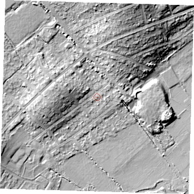 Shaded relief map of the ground around IG103BU, computed from Environment Agency LiDAR. The ground here sits at about 20 m above sea level and falls 17 m across the surrounding 800 m. Surface water reaching this point runs off ground lying to the west-north-west, 4.9 m higher.