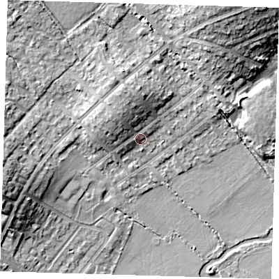 Shaded relief map of the ground around IG103BX, computed from Environment Agency LiDAR. The ground here sits at about 20 m above sea level and falls 13 m across the surrounding 800 m. Surface water reaching this point runs off ground lying to the north-west, 5.6 m higher.