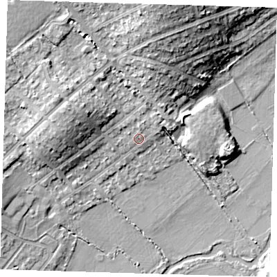 Shaded relief map of the ground around IG103BZ, computed from Environment Agency LiDAR. The ground here sits at about 20 m above sea level and falls 15 m across the surrounding 800 m. Surface water reaching this point runs off ground lying to the north-north-east, 12.2 m higher.