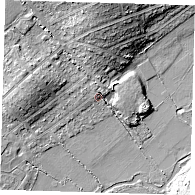 Shaded relief map of the ground around IG103DA, computed from Environment Agency LiDAR. The ground here sits at about 20 m above sea level and falls 16 m across the surrounding 800 m. Surface water reaching this point runs off ground lying to the north, 1.9 m higher.