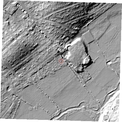 Shaded relief map of the ground around IG103DB, computed from Environment Agency LiDAR. The ground here sits at about 18 m above sea level and falls 14 m across the surrounding 800 m. Surface water reaching this point runs off ground lying to the north-north-west, 2.2 m higher.