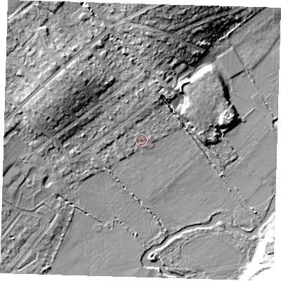Shaded relief map of the ground around IG103DD, computed from Environment Agency LiDAR. The ground here sits at about 18 m above sea level and falls 15 m across the surrounding 800 m. Surface water reaching this point runs off ground lying to the north, 0.9 m higher.