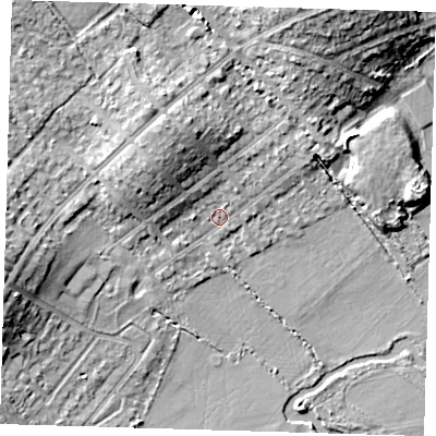 Shaded relief map of the ground around IG103DE, computed from Environment Agency LiDAR. The ground here sits at about 19 m above sea level and falls 13 m across the surrounding 800 m. Surface water reaching this point runs off ground lying to the north-north-west, 6.8 m higher.