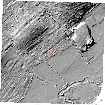 Shaded relief map of the ground around IG103DF, computed from Environment Agency LiDAR. The ground here sits at about 18 m above sea level and falls 12 m across the surrounding 800 m. Surface water reaching this point runs off ground lying to the north, 1.4 m higher.
