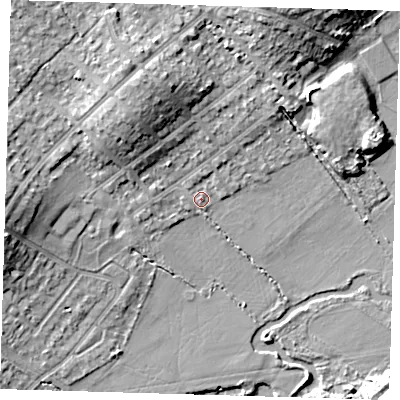 Shaded relief map of the ground around IG103DG, computed from Environment Agency LiDAR. The ground here sits at about 18 m above sea level and falls 11 m across the surrounding 800 m. Surface water reaching this point runs off ground lying to the north-north-west, 7.7 m higher.