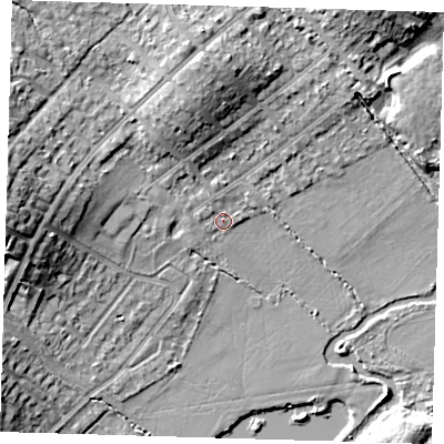 Shaded relief map of the ground around IG103DH, computed from Environment Agency LiDAR. The ground here sits at about 18 m above sea level and falls 13 m across the surrounding 800 m. Surface water reaching this point runs off ground lying to the north-north-west, 0.9 m higher.