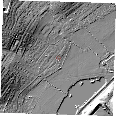 Shaded relief map of the ground around IG103DJ, computed from Environment Agency LiDAR. The ground here sits at about 17 m above sea level and falls 18 m across the surrounding 800 m. Surface water reaching this point runs off ground lying to the north-west, 7.2 m higher.