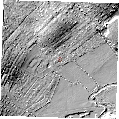 Shaded relief map of the ground around IG103DQ, computed from Environment Agency LiDAR. The ground here sits at about 18 m above sea level and falls 13 m across the surrounding 800 m. Surface water reaching this point runs off ground lying to the north-north-west, 3.4 m higher.