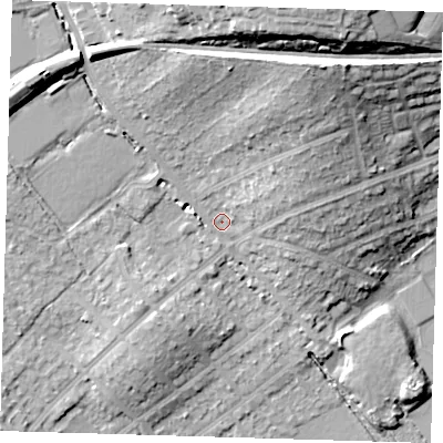 Shaded relief map of the ground around IG103EJ, computed from Environment Agency LiDAR. The ground here sits at about 22 m above sea level and falls 26 m across the surrounding 800 m. Surface water reaching this point runs off ground lying to the north-east, 14.3 m higher.