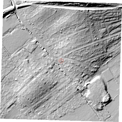Shaded relief map of the ground around IG103EN, computed from Environment Agency LiDAR. The ground here sits at about 23 m above sea level and falls 25 m across the surrounding 800 m. Surface water reaching this point runs off ground lying to the north-east, 7.6 m higher.