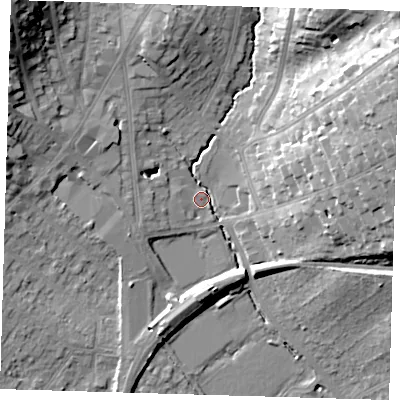 Shaded relief map of the ground around IG103JA, computed from Environment Agency LiDAR. The ground here sits at about 27 m above sea level and falls 29 m across the surrounding 800 m. Surface water reaching this point runs off ground lying to the north-east, 25.6 m higher.