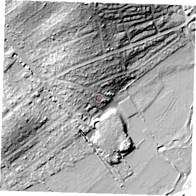 Shaded relief map of the ground around IG103LQ, computed from Environment Agency LiDAR. The ground here sits at about 22 m above sea level and falls 23 m across the surrounding 800 m. Surface water reaching this point runs off ground lying to the north-north-west, 6.9 m higher.