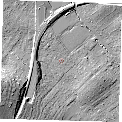 Shaded relief map of the ground around IG103NH, computed from Environment Agency LiDAR. The ground here sits at about 23 m above sea level and falls 28 m across the surrounding 800 m. Surface water reaching this point runs off ground lying to the north, 1.5 m higher.