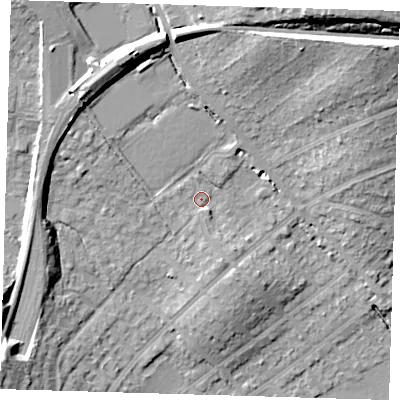 Shaded relief map of the ground around IG103NJ, computed from Environment Agency LiDAR. The ground here sits at about 22 m above sea level and falls 25 m across the surrounding 800 m. Surface water reaching this point runs off ground lying to the west, 1.3 m higher.