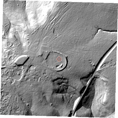 Shaded relief map of the ground around IG104AF, computed from Environment Agency LiDAR. The ground here sits at about 108 m above sea level and falls 42 m across the surrounding 800 m. Surface water reaching this point runs off ground lying to the west-south-west, 1.7 m higher.