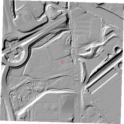 Shaded relief map of the ground around IG110AD, computed from Environment Agency LiDAR. The ground here sits at about 2 m above sea level and falls 12 m across the surrounding 800 m. Surface water reaching this point runs off ground lying to the east, 6.8 m higher.