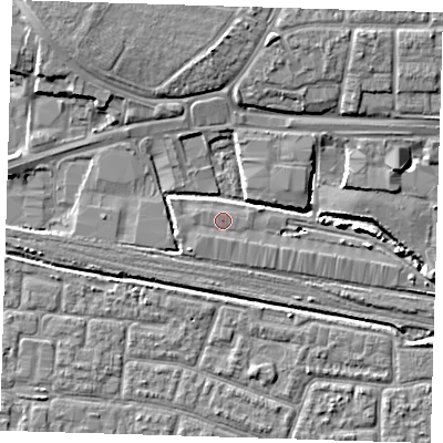 Shaded relief map of the ground around IG110AE, computed from Environment Agency LiDAR. The ground here sits at about 3 m above sea level and falls 8 m across the surrounding 800 m. Surface water reaching this point runs off ground lying to the south-south-east, 0.5 m higher.