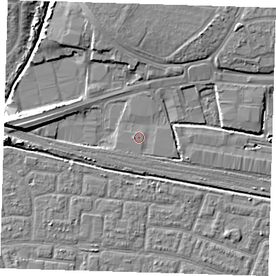 Shaded relief map of the ground around IG110AG, computed from Environment Agency LiDAR. The ground here sits at about 2 m above sea level and falls 9 m across the surrounding 800 m. Surface water reaching this point runs off ground lying to the north-east, 6.9 m higher.