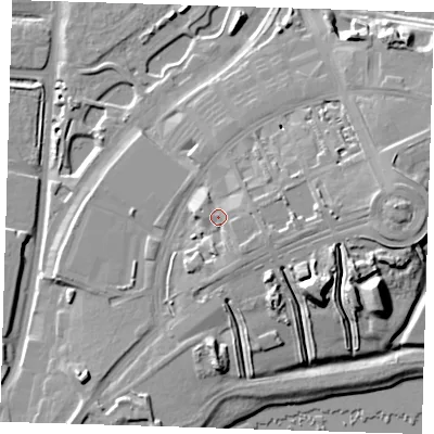 Shaded relief map of the ground around IG110AP, computed from Environment Agency LiDAR. The ground here sits at about 12 m above sea level and falls 20 m across the surrounding 800 m. Surface water reaching this point runs off ground lying to the south-east, 3.8 m higher.