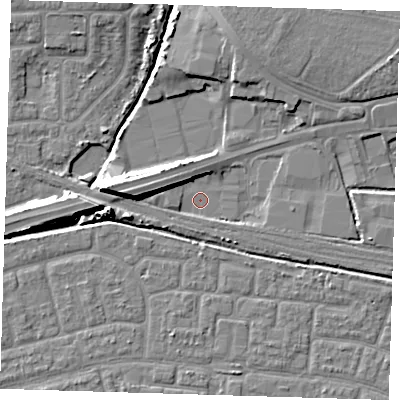 Shaded relief map of the ground around IG110AQ, computed from Environment Agency LiDAR. The ground here sits at about 1 m above sea level and falls 9 m across the surrounding 800 m. Surface water reaching this point runs off ground lying to the west, 8.2 m higher.