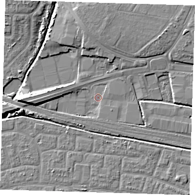 Shaded relief map of the ground around IG110AS, computed from Environment Agency LiDAR. The ground here sits at about 2 m above sea level and falls 9 m across the surrounding 800 m. Surface water reaching this point runs off ground lying to the west, 8.2 m higher.