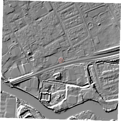 Shaded relief map of the ground around IG110AT, computed from Environment Agency LiDAR. The ground here sits at about 2 m above sea level and falls 12 m across the surrounding 800 m. Surface water reaching this point runs off ground lying to the west-south-west, 2.3 m higher.