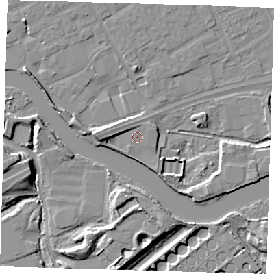 Shaded relief map of the ground around IG110AX, computed from Environment Agency LiDAR. The ground here sits at about 5 m above sea level and falls 11 m across the surrounding 800 m. Surface water reaching this point runs off ground lying to the west, 4.9 m higher.
