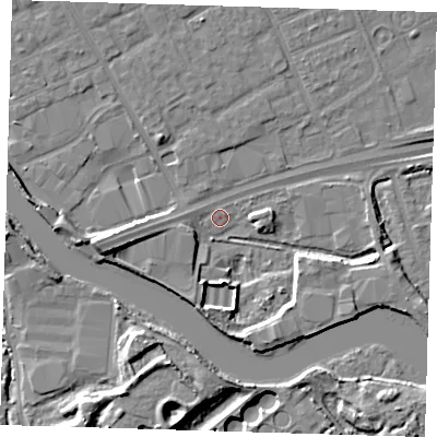 Shaded relief map of the ground around IG110AY, computed from Environment Agency LiDAR. The ground here sits at about 2 m above sea level and falls 10 m across the surrounding 800 m. Surface water reaching this point runs off ground lying to the west-south-west, 9.2 m higher.