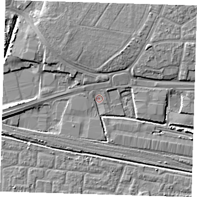 Shaded relief map of the ground around IG110BA, computed from Environment Agency LiDAR. The ground here sits at about 2 m above sea level and falls 8 m across the surrounding 800 m. Surface water reaching this point runs off ground lying to the north-east, 6.9 m higher.